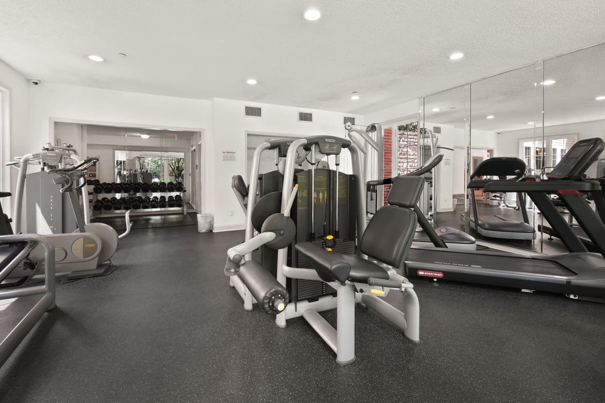 Helle, moderne Trainingsfläche eines Fitnessstudios mit Laufbändern, Kraftgeräten und Hantelständer im menschenleeren Zustand.