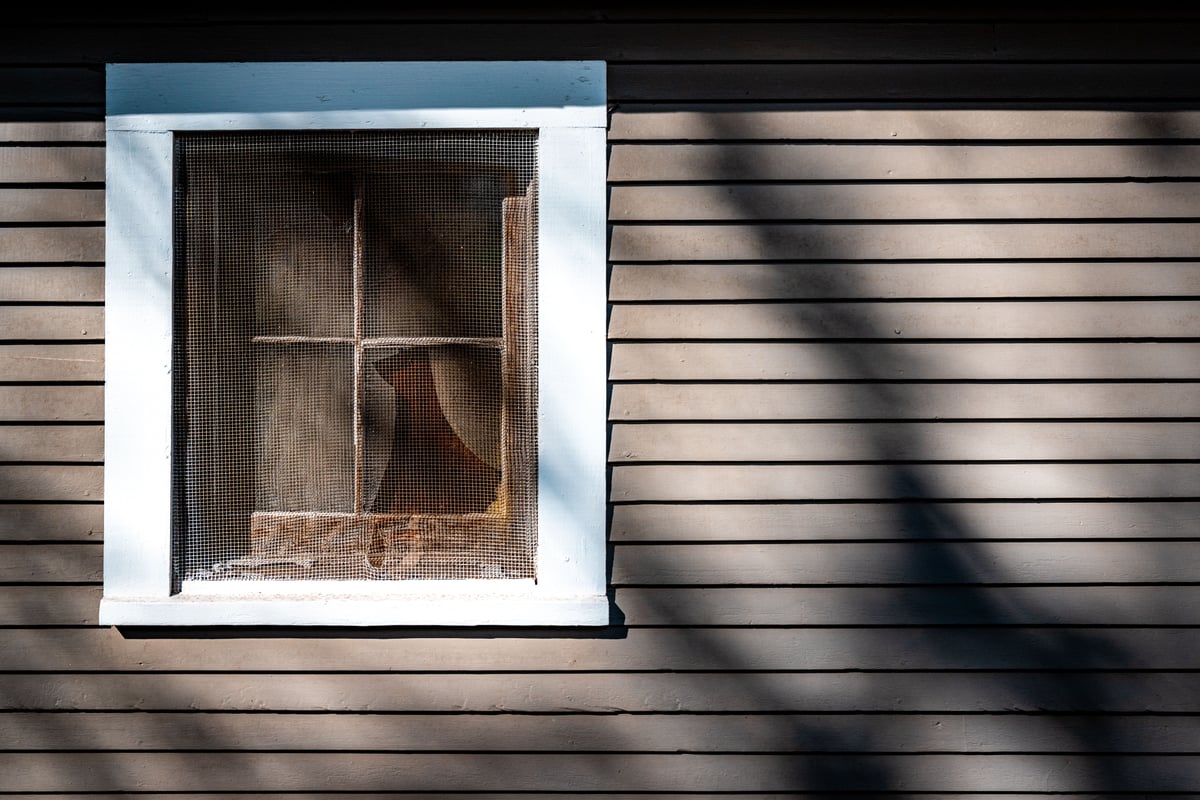 Fenster mit gespanntem Insektenschutzgitter an einer sonnenbeschienenen Hauswand