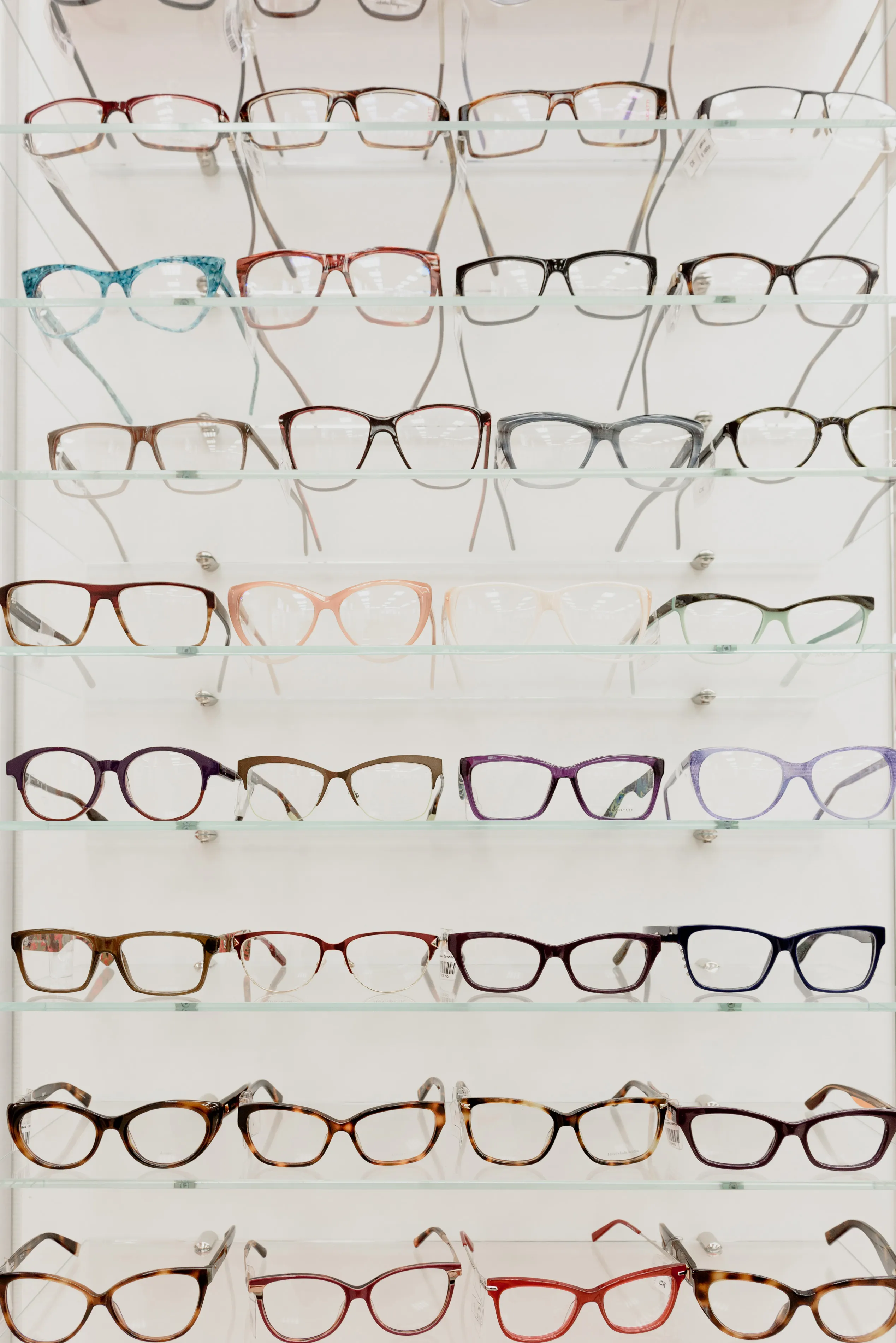Moderne Brillen auf Regalen in einem Optikgeschäft