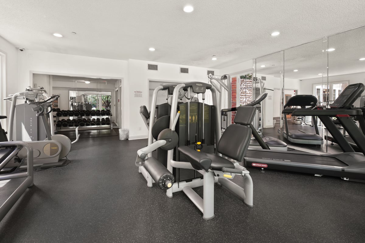 Helle, moderne Trainingsfläche eines Fitnessstudios mit Laufbändern, Kraftgeräten und Hantelständer im menschenleeren Zustand.
